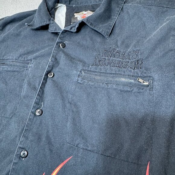 Harley Davidson Shirt Men Large Black‎ Orange Flames Script Bar Shield Zip Short - Picture 13 of 16
